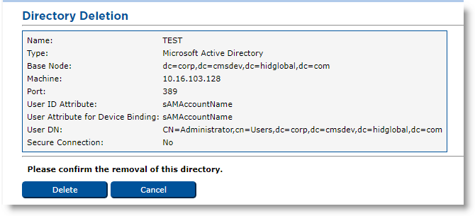Directory Deletion dialog box displaying information about the directory to be deleted as well as a Submit button and a Cancel button